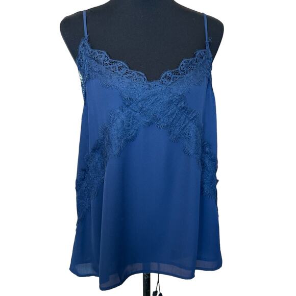 New ~ LUSH ~ Midnight Blue Lace Trim V-neck Chiffon Camisole Size M FALL - Picture 1 of 4